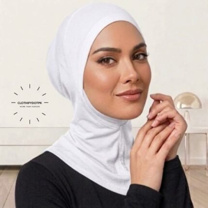 Model wearing ninja Hijab Cap for comfortable head and neck coverage. BY CLOTHIFYDOTPK