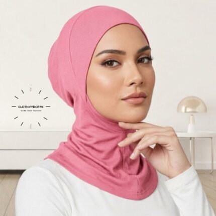 Model wearing ninja Hijab Cap for comfortable head and neck coverage. BY CLOTHIFYDOTPK