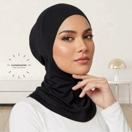 Women wearing stretchable, close-fitting hijab undercap designed in a ninja style, covering the head and neck, breathable jersey fabric. BY CLOTHIFYDOTPK