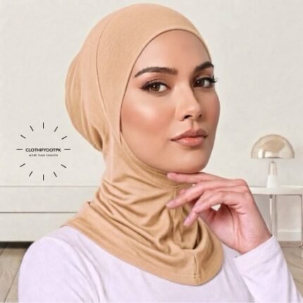 Model wearing ninja Hijab Cap for comfortable head and neck coverage. BY CLOTHIFYDOTPK