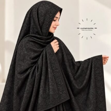 Woman Wearing Unstitched Embroidery Namaz Chadar also known as Plain Irani Chadar for Modest Prayer Wear. BY CLOTHIFYDOTPK